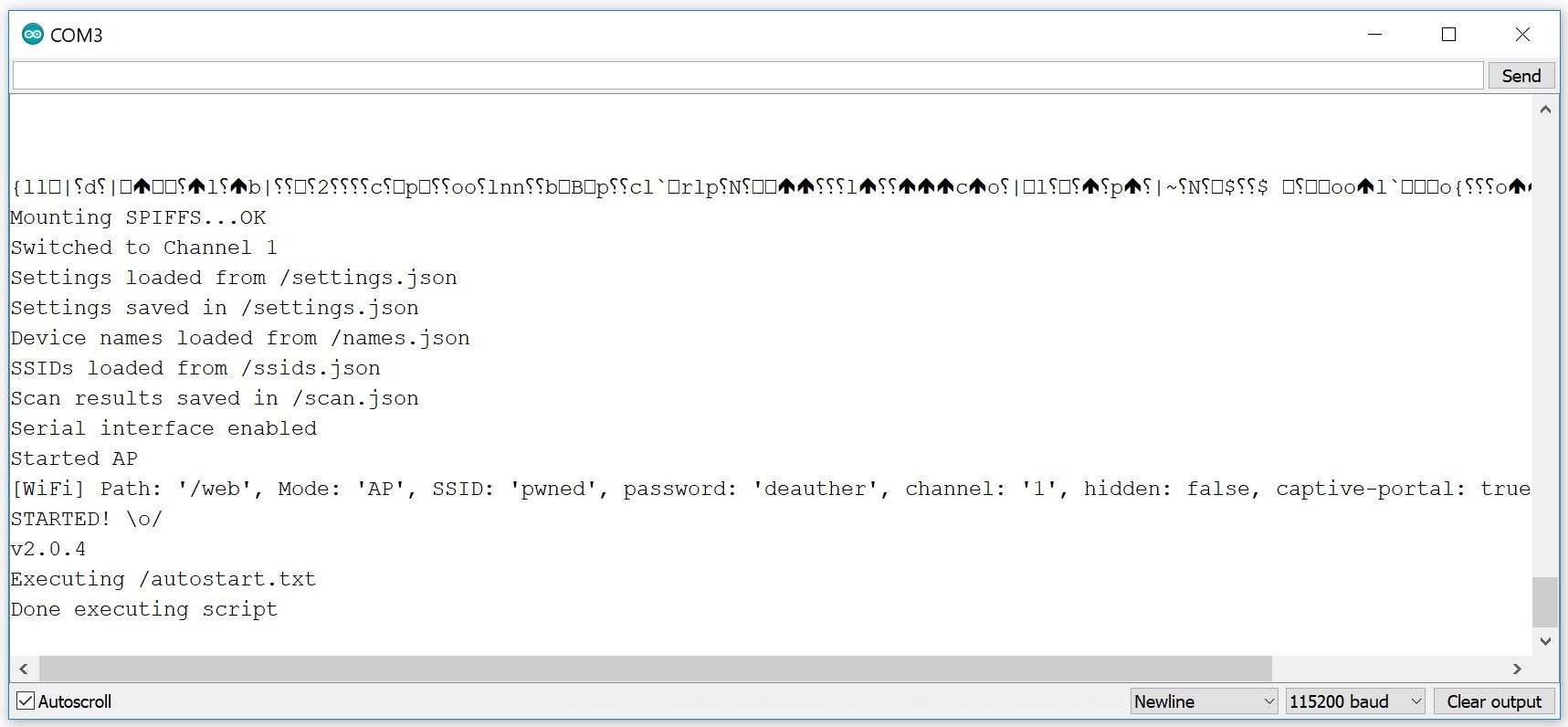 Startup message of Deauther Serial Interface